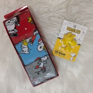 Peanuts Snoopy Festive Themed Socks and Woodstock Lip Balm Set! New!